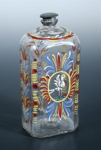 Lot 111 - A mid 18th century Bohemian polychrome flask and pewter screw top