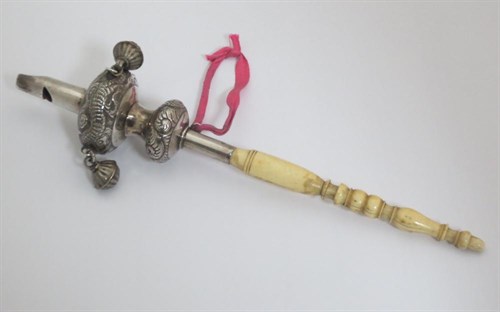 Lot 298 - A 19th century Chinese silver whistle, rattle and teether