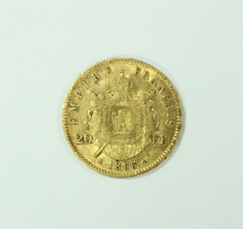 Lot 278 - A Napoleon III gold twenty franc coin, 1866