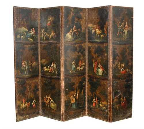 Lot 446 - A large leather five fold painted screen, mid 18th century
