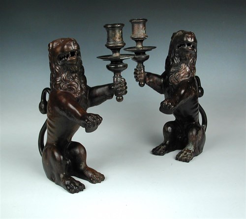 Lot 273 - A pair of bronze Renaissance-style lion candleholders, probably late 19th or early 20th century Italian