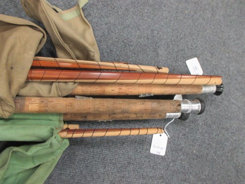 Lot 185 - Three J S Sharpe Aberdeen "The Scottie" four section split cane fishing rods (3)