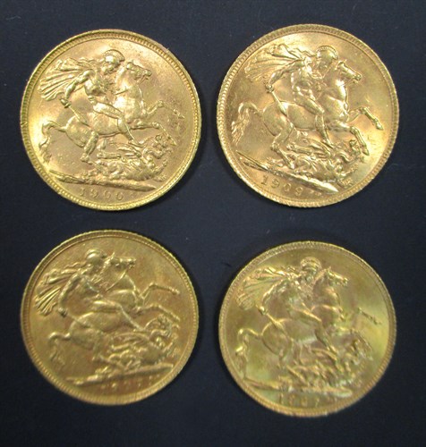 Lot 11 - Four gold sovereigns 1900, 1907, 1909 and 1927...