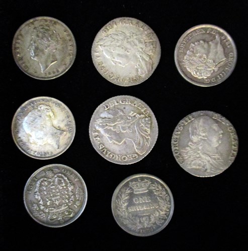 Lot 18 - Eight silver Shillings 1739, about VF, 1758,...