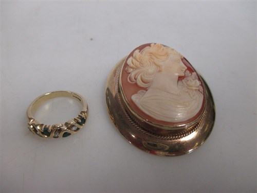 Lot 208 - An emerald and diamond ring together with a cameo brooch, both set in hallmarked 9ct gold