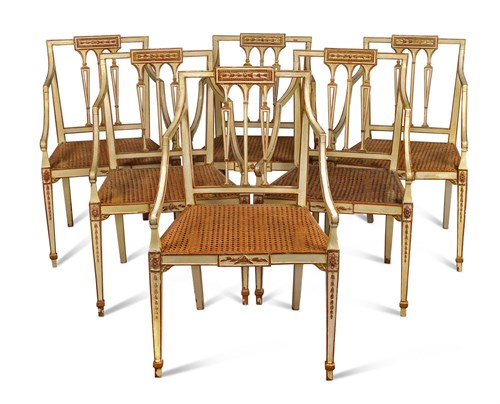 Lot 366 - A set of six George III painted and parcel gilt dining chairs