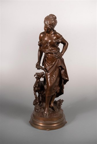 Lot 269 - Mathurin Moreau (French, 1822-1912), a bronze study of the Goat Girl