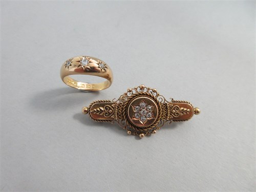 Lot 292 - An antique three stone diamond ring set in 18ct gold together with a Victorian diamond and gold brooch