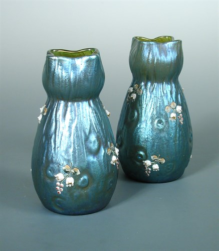 Lot 1 - A pair of Bohemian Art Nouveau green iridescent glass vases