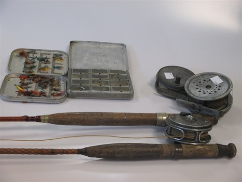 Lot 91 - Two Hardy fishing reels, three split cane rods...