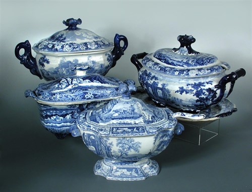 Lot 8 - A 19th century Stevenson pottery blue and white two handled tureen, cover and stand