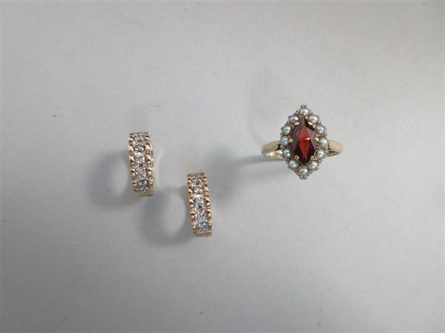 Lot 440 - A pair of diamond and gold earrings together with a gold, garnet and seed pearl ring