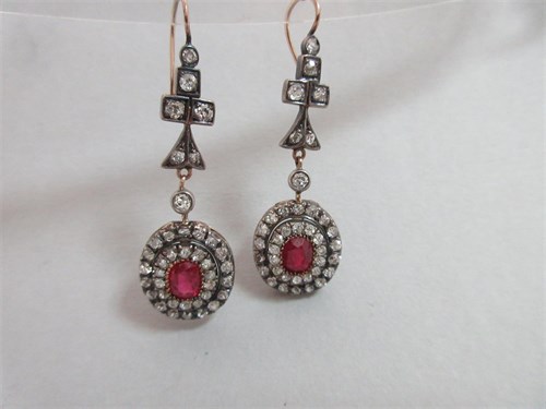Lot 450 - A pair of antique diamond and synthetic ruby earpendants