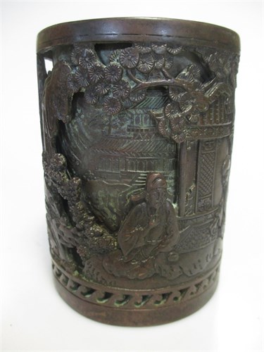 Lot 30 - A Chinese copper relief cast cylindrical brush...