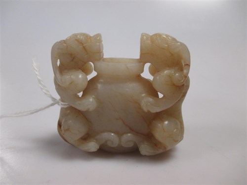 Lot 154 - A Chinese nephrite jade dragon handled vase,...