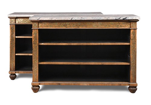 Lot 386 - A pair of Regency rosewood and brass inlaid open front bookcases