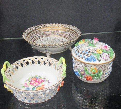 Lot 90 - Three modern Dresden porcelain pieces; two...