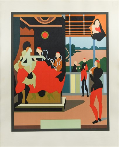 Lot 352 - Stylised colour print of figures by a building,...
