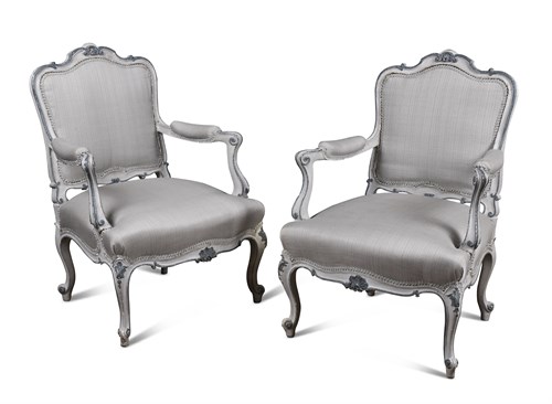 Lot 337 - A pair of Louis XV style French fauteuil, the...