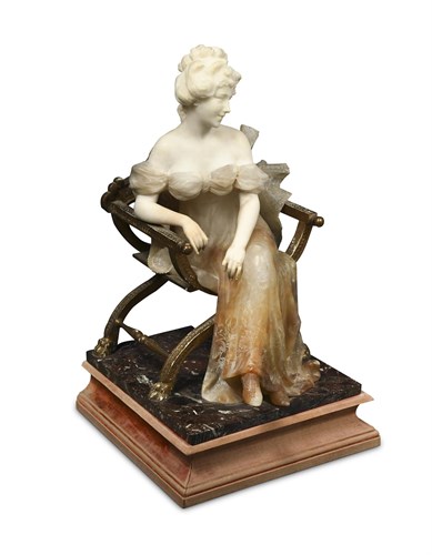 Lot 271 - In the manner of Emilio Fiaschi (Italian, 1858–1941), an early 20th century carved alabaster figure of a seated lady