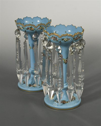 Lot 61 - A pair of 19th century turquoise blue glass lustres
