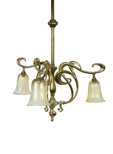 Lot 174 - An Art Nouveau brass ceiling light with vaseline glass shades