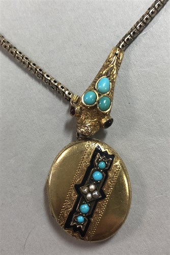 Lot 321 - A 19th century gem set snake necklace and locket