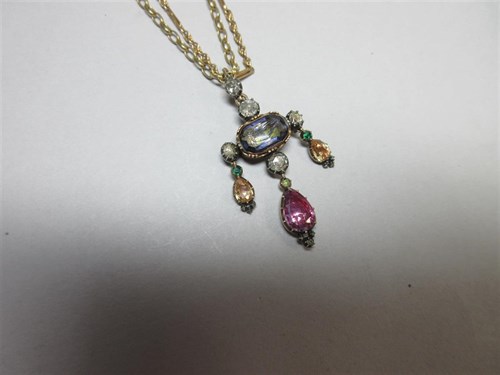 Lot 296 - An 18th century diamond, topaz and gem set chandelier pendant / brooch with gold chains