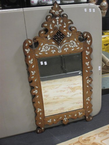 Lot 422 - A Benares inlaid hardwood easel mirror 108cm...