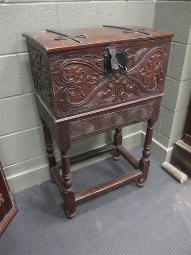 Lot 375 - An oak bible box on later stand