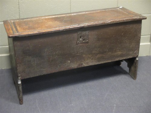 Lot 376 - An 18th century oak boarded chest, 58 x 109 x...