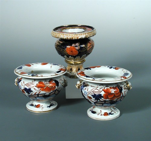 Lot 20 - A rare pair of Mason's 'Japan Fence' pattern two handled pedestal salts, circa 1815