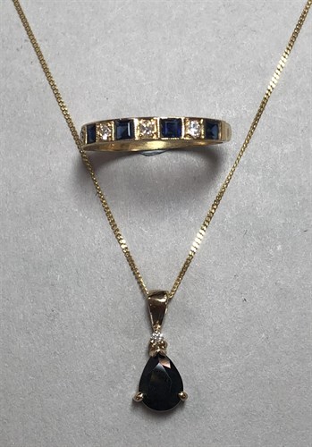 Lot 262 - A sapphire and diamond half hoop ring together with a sapphire and diamond pendant