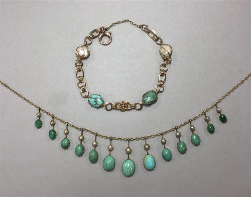 Lot 320 - A turquoise and seed pearl fringe necklace and a turquoise and pearl bracelet
