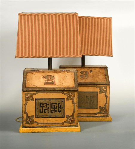Lot 281 - A pair of Chinese tole ware tea canisters now as lamps