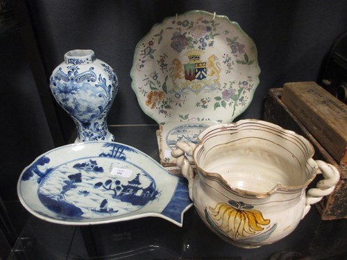 Lot 104 - Three Delf tiles, a 'Delft' vase, a Faience...