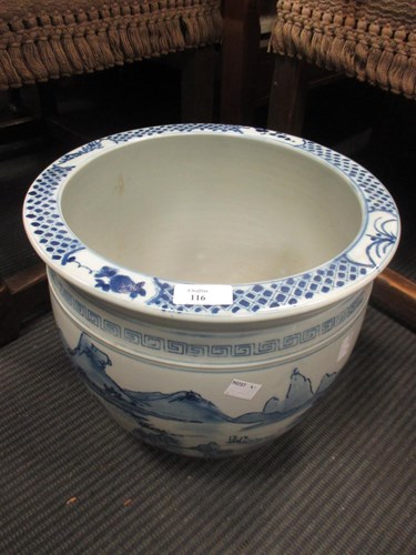 Lot 116 - A blue and white fish bowl, 27cm high