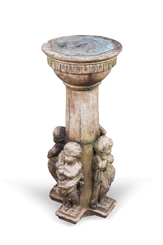 Lot 141 - In the manner of Doulton, a stoneware column mounted with a brass sundial