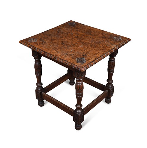Lot 205 - An Arts & Crafts burr oak square occasional table, possibly designed by Philip Webb, 1872