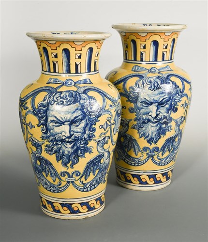 Lot 20 - A pair of large 19th century yellow ground Talavera vases