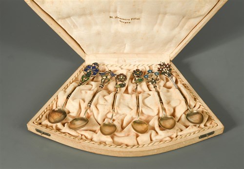Lot 120 - A set of six Norwegian metalwares and enamel tea spoons by Marius Hammer