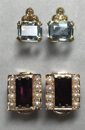 Lot 245 - A pair of garnet and pearl earstuds and a pair of aquamarine earstuds