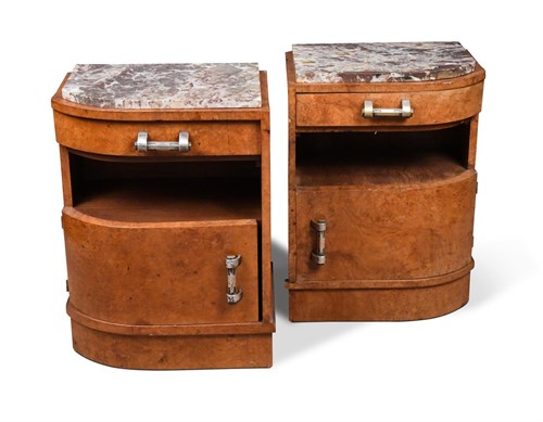 Lot 247 - A pair of Art Deco marble topped walnut bedsides