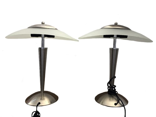 Lot 190 - A pair of modern brushed steel and frosted glass table lamps
