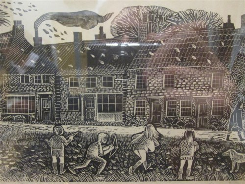 Lot 239 - Seven prints including two signed woodcuts by...