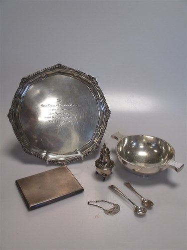 Lot 200 - A silver waiter, a silver quaich, a silver...