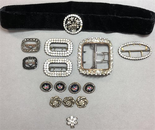 Lot 406 - A collection of antique and vintage paste set buckles and buttons