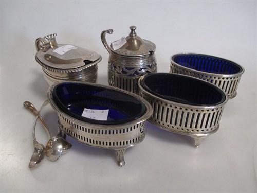 Lot 194 - A group of three silver open salts with blue...