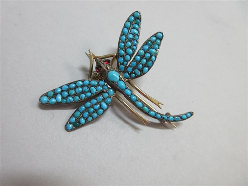 Lot 326 - A vintage Continental turquoise set dragonfly brooch