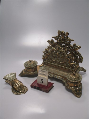 Lot 76 - A brass desk stand, a quantity of blue and...
